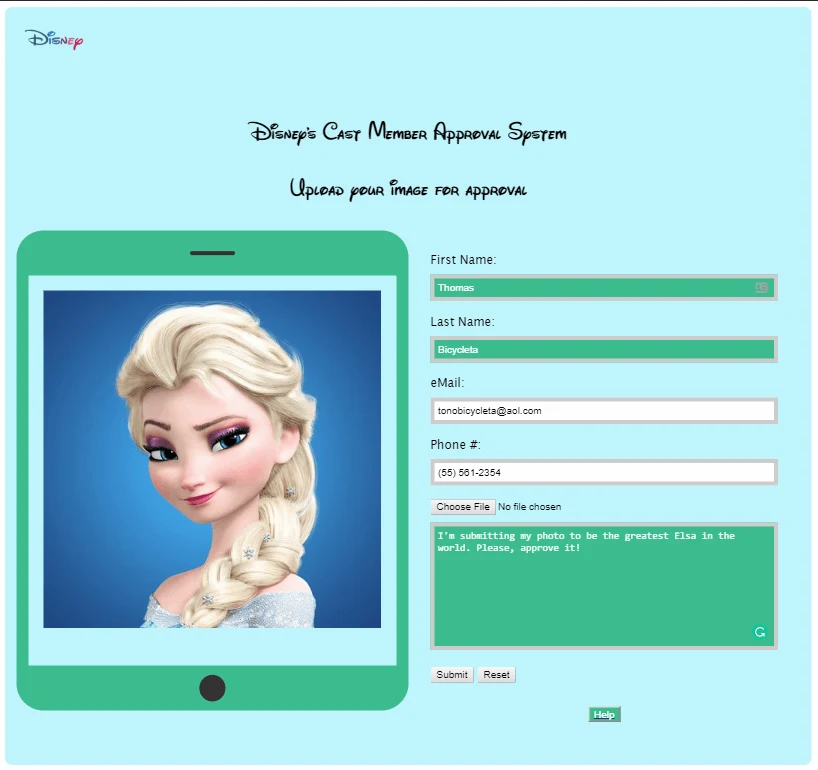 The iApprove hackathon prototype frontend: a form for submitting a Disney cast member photo for approval